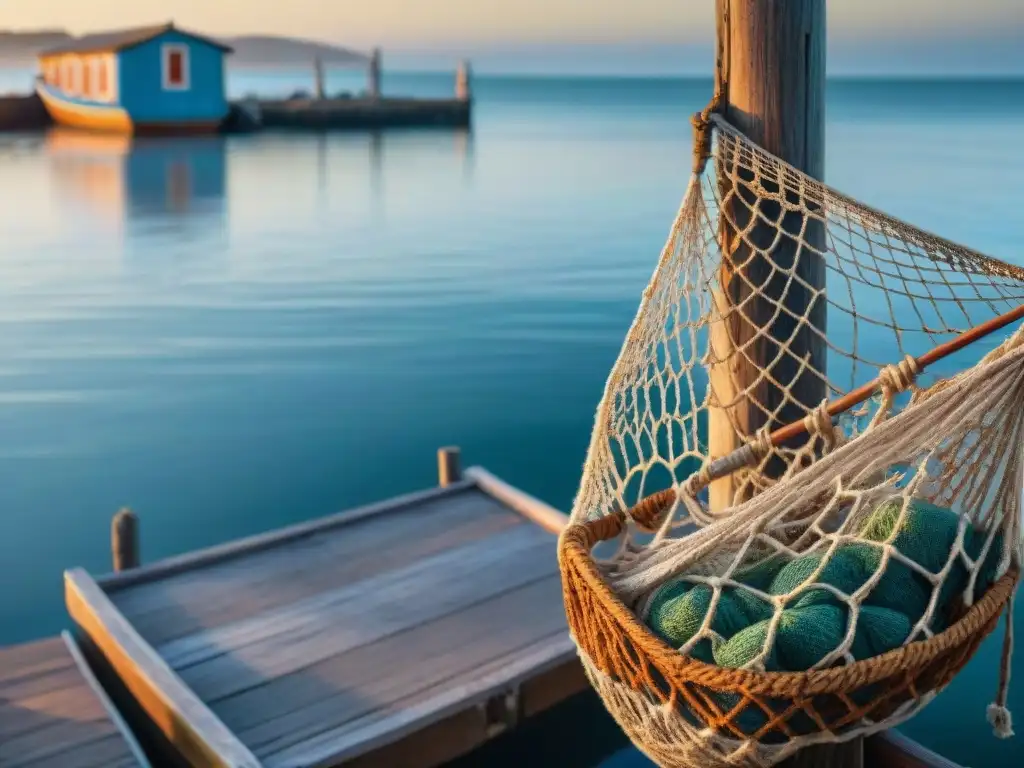 Atardecer en pueblo costero de Uruguay con auténtico equipamiento pesca