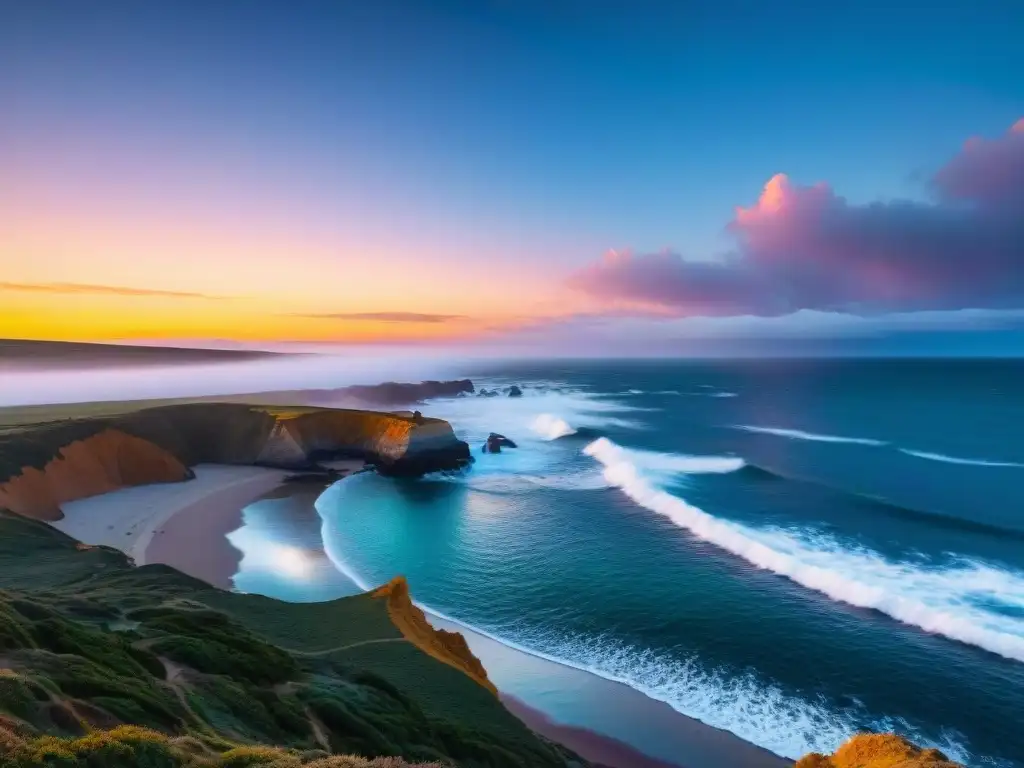 Atardecer en Punta del Diablo santuario natural: cielo vibrante reflejado en el mar, acantilados y gaviotas en libertad