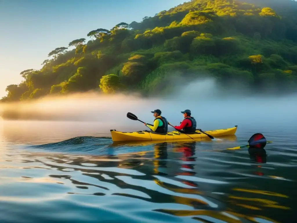 Expedición en kayak por Uruguay al atardecer, rodeados de naturaleza exuberante y aves coloridas