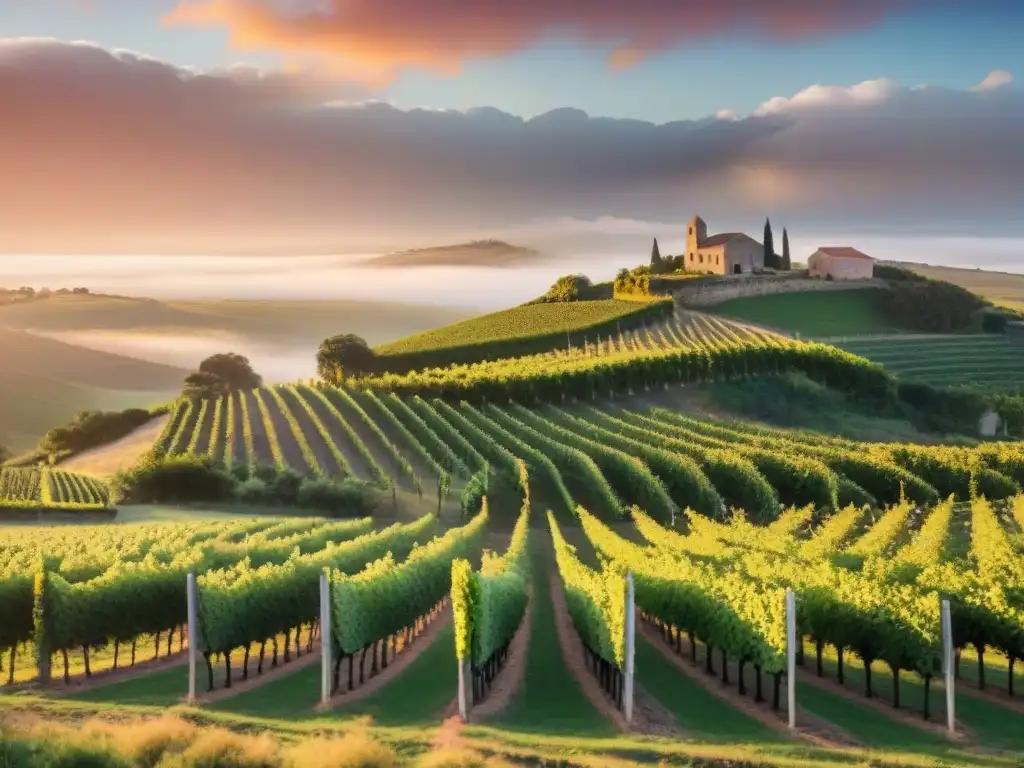 Un atardecer romántico en bodegas de Uruguay, con viñedos y una bodega antigua en un entorno encantador