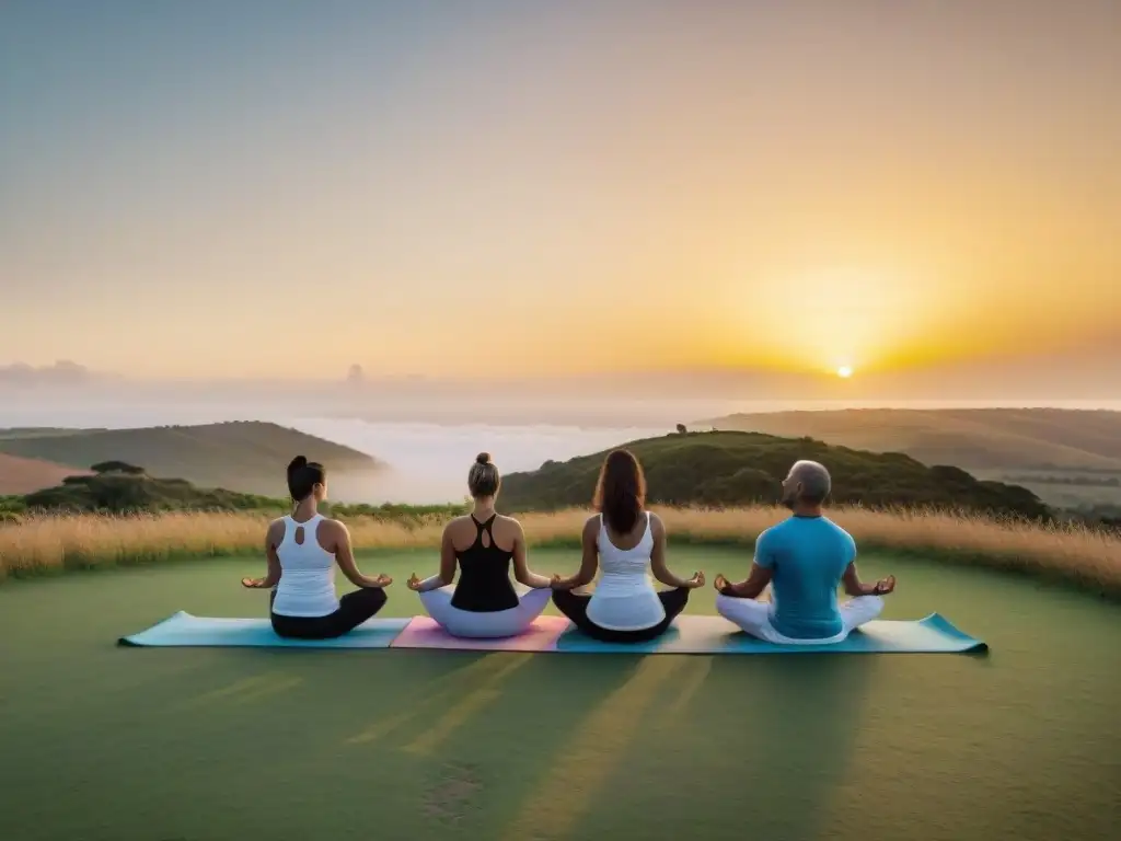 Un atardecer sereno en las colinas de Uruguay, familias diversas practicando yoga en armonía