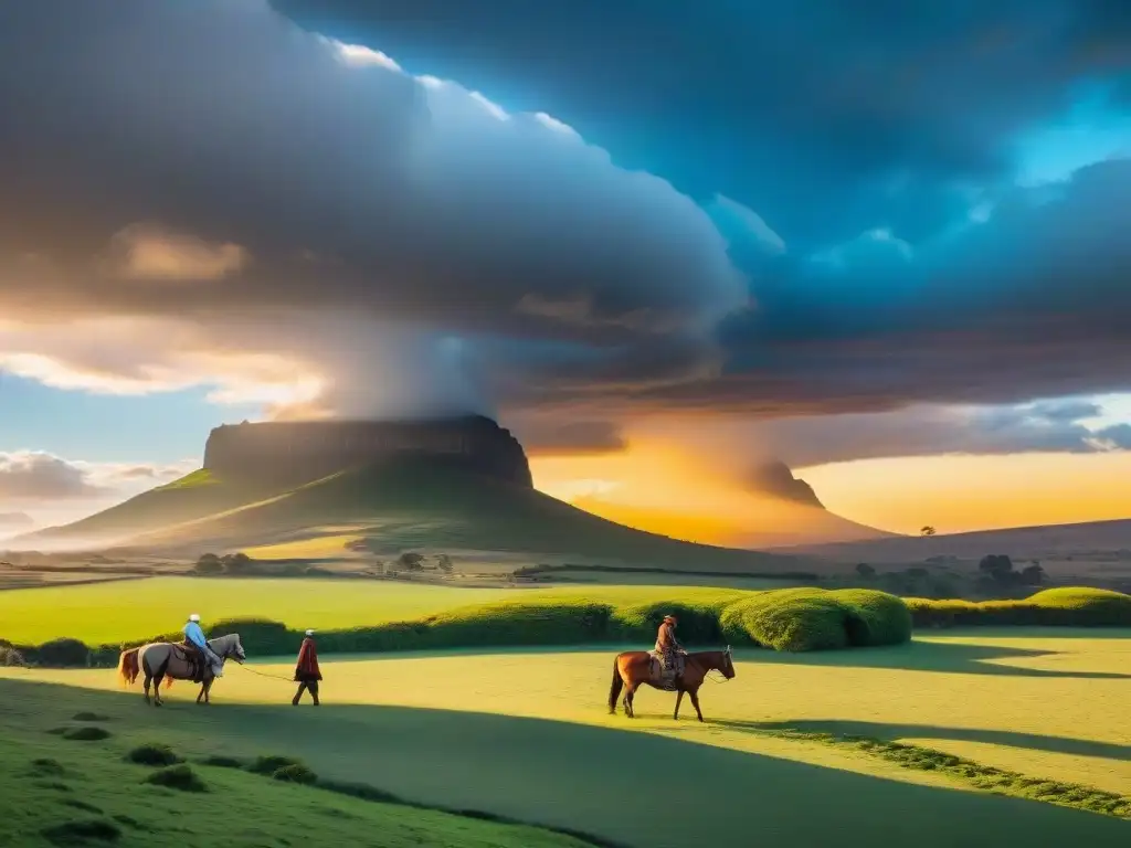 Un atardecer sereno en una estancia uruguaya con pastizales verdes, vacas pastando y un gaucho a caballo