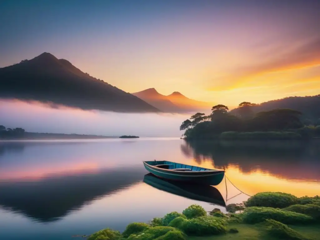 Un atardecer sereno en un lago uruguayo, con colores vibrantes reflejados en aguas tranquilas, capturando la belleza de la naturaleza