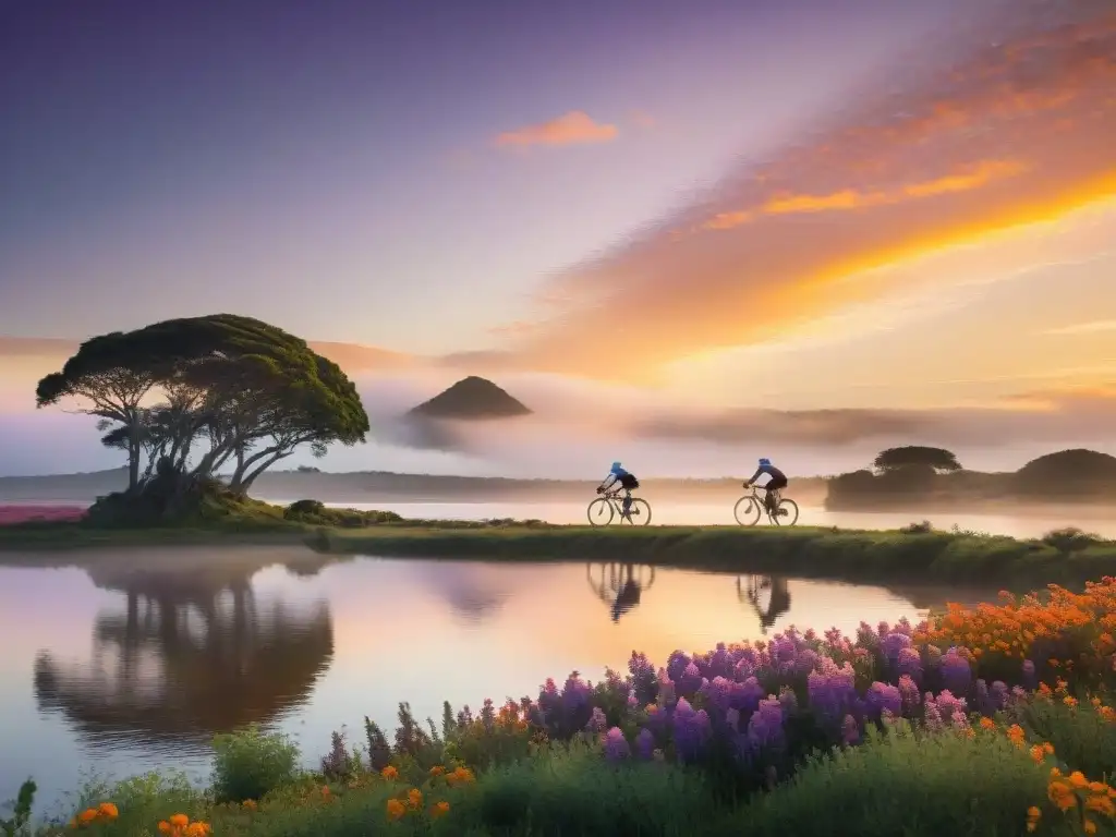 Un atardecer sereno en Laguna Garzón, Uruguay, reflejando un paisaje idílico rodeado de ciclistas y naturaleza exuberante