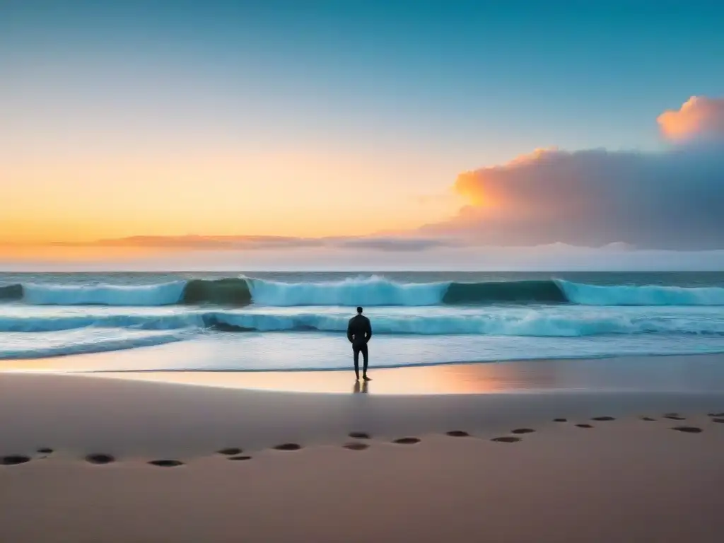 Un atardecer sereno en una playa de Uruguay, capturando la esencia de la fotografía minimalista en paisajes uruguayos