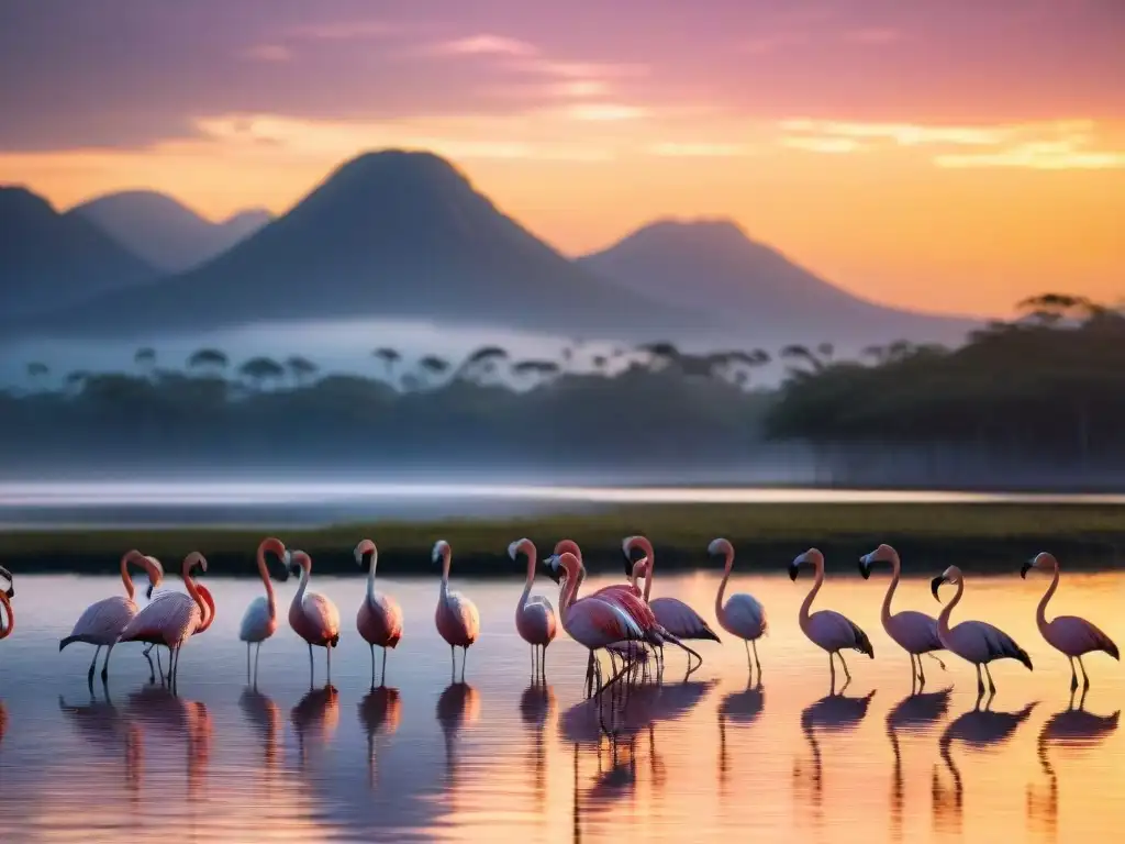 Un atardecer sereno sobre Lagoa Mirim, con un resplandor dorado en las aguas tranquilas y flamencos volando en el fondo