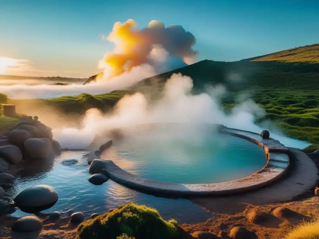 Atardecer en termas de Uruguay: viajeros disfrutan de aguas termales en un entorno natural y acogedor