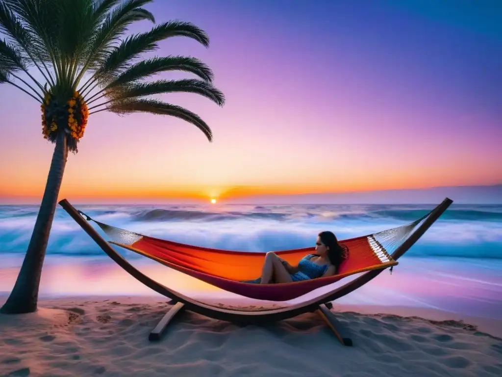 Un atardecer tranquilo en la playa de Uruguay con una hamaca entre palmeras