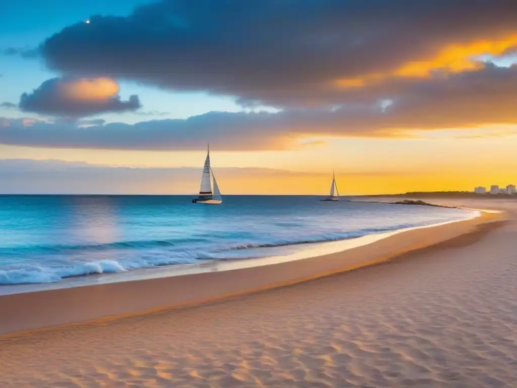 Un atardecer tranquilo en las playas doradas de Punta del Este, Uruguay, con veleros en el horizonte