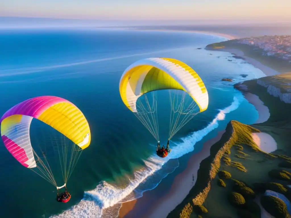 Un atardecer vibrante sobre los acantilados de Punta del Este, Uruguay, con parapentes en vuelo