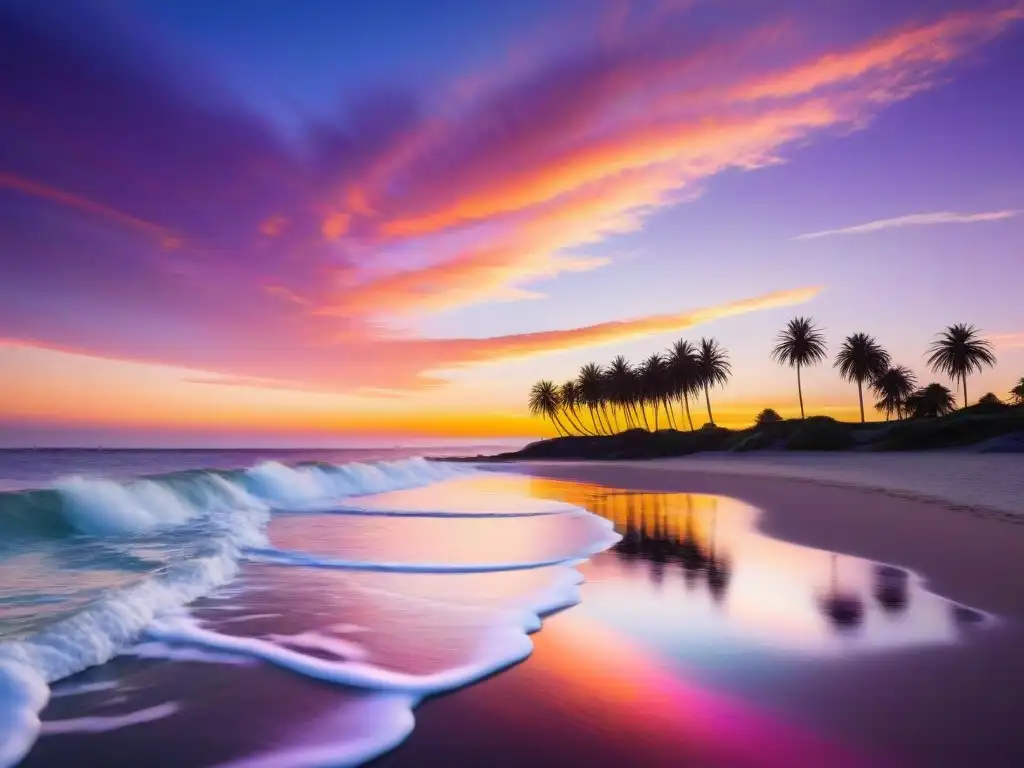 Un atardecer vibrante sobre aguas tranquilas en una playa de Uruguay