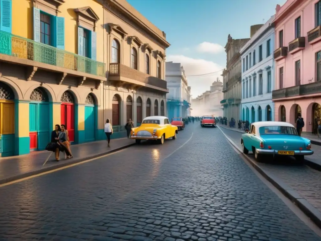 Un atardecer vibrante en Montevideo, Uruguay, con arte callejero, gente en cafés, autos vintage y edificios coloniales coloridos