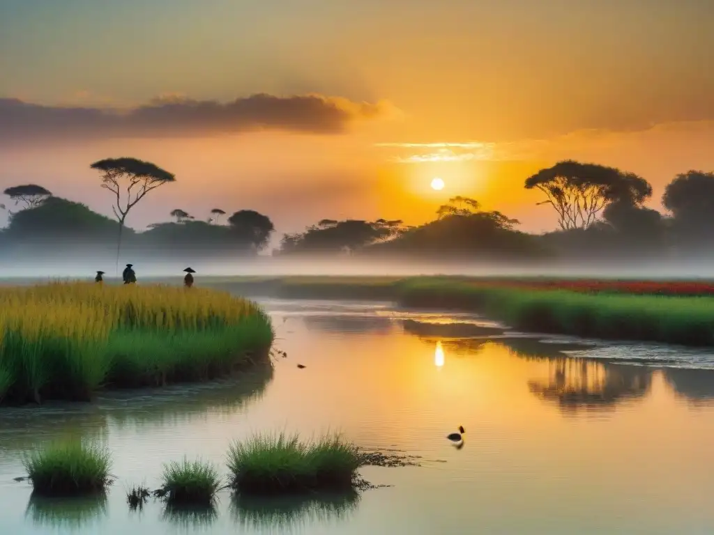 Atardecer vibrante en Bañados del Este y Franja Costera con aves nativas y exuberante vegetación