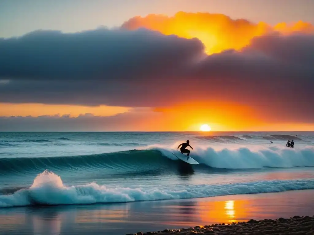 Atardecer vibrante en Campeonatos de surf Uruguay 2023: surfistas surfeando olas contra el cielo en llamas y el mar brillando