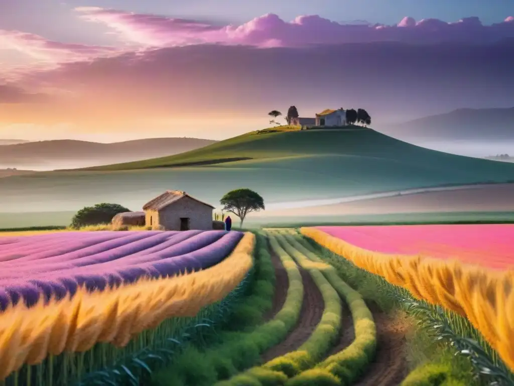 Tranquilidad dorada: atardecer vibrante en campo de trigo en Uruguay Un atardecer vibrante sobre un campo de trigo dorado en Uruguay
