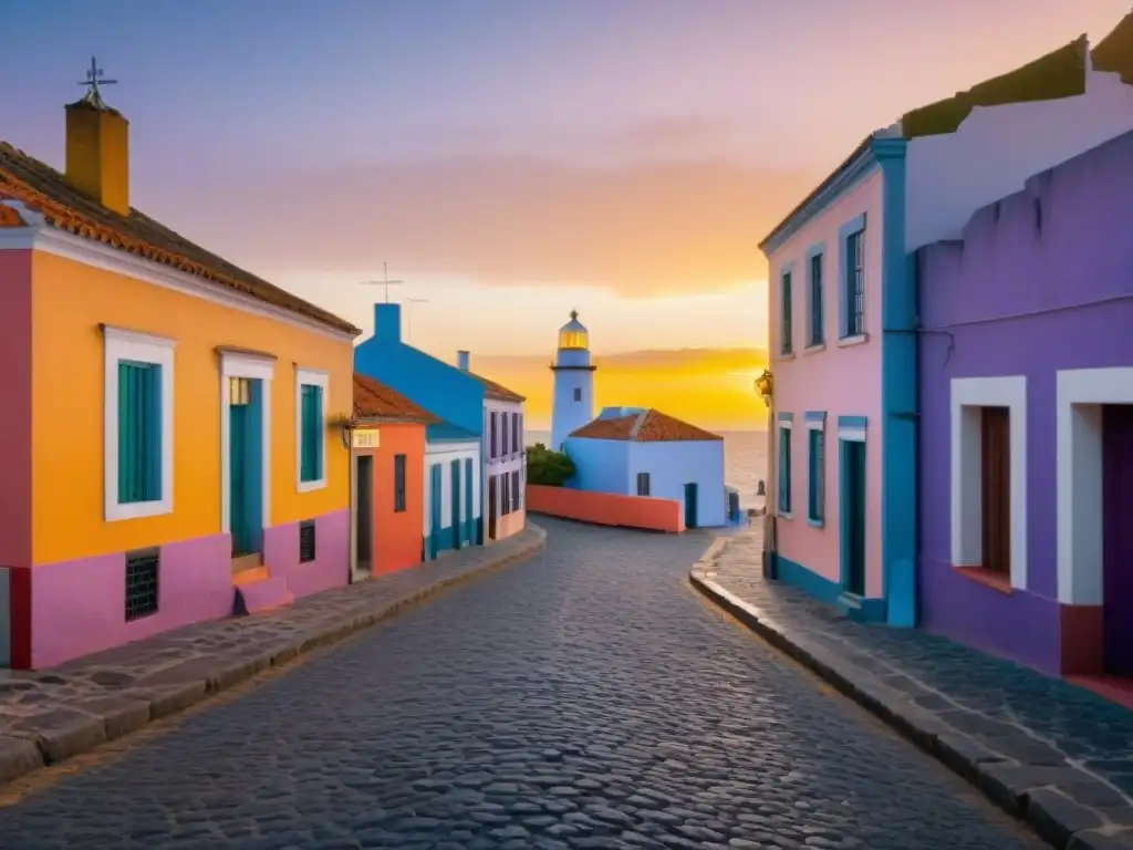 Atardecer vibrante en Colonia del Sacramento, Uruguay, resaltando la conservación del patrimonio cultural del país