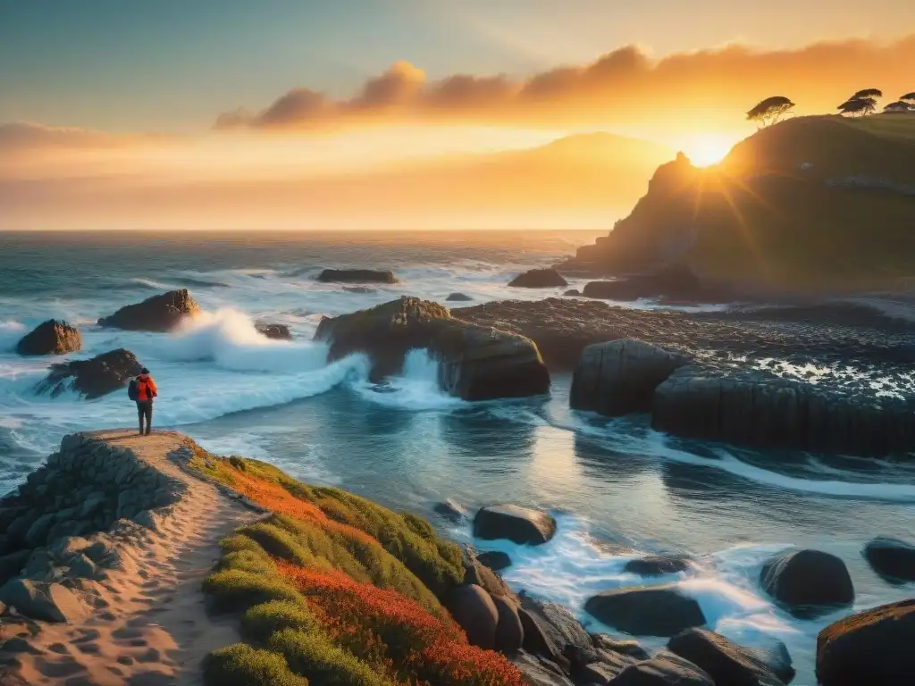 Un atardecer vibrante sobre la costa rocosa de Uruguay, con olas, gaviotas y un pescador solitario