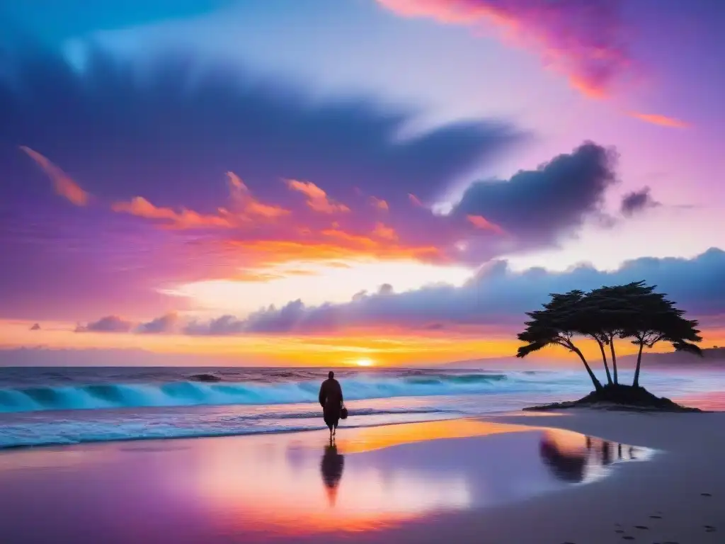 Un atardecer vibrante sobre la costa de Uruguay con siluetas de palmeras, una figura solitaria y gaviotas en el cielo