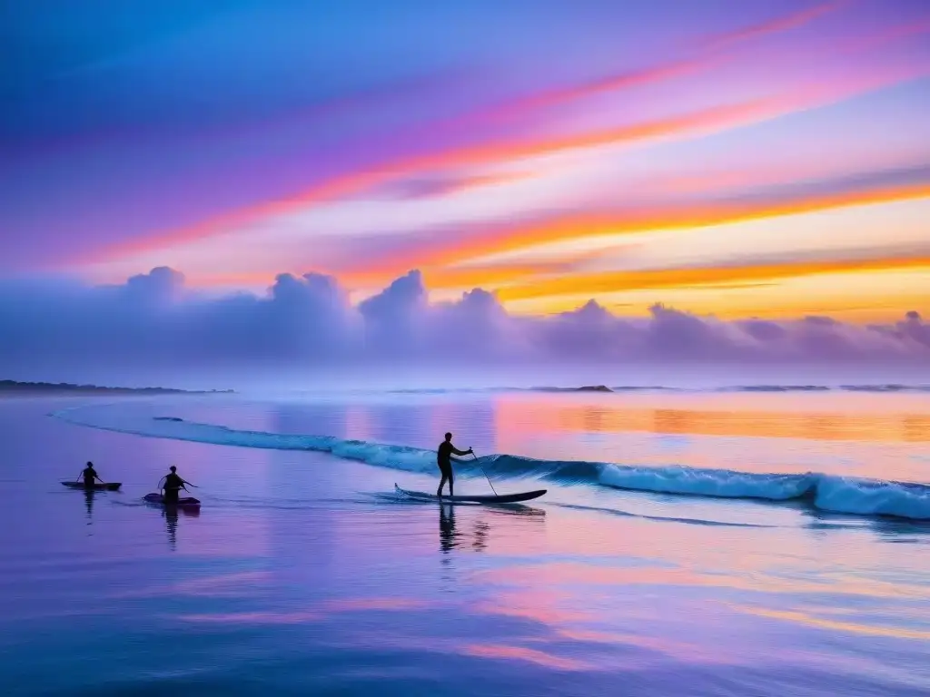 Un atardecer vibrante en la costa de Uruguay con surfista de remo rodeado de delfines juguetones