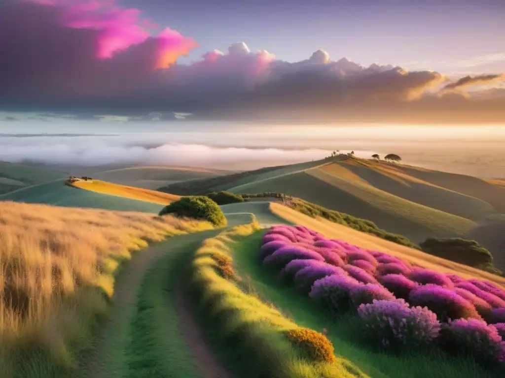 Un atardecer vibrante sobre estancias de Uruguay, con senderistas explorando la naturaleza