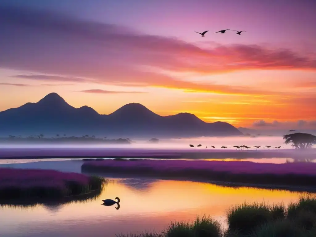 Un atardecer vibrante sobre los Esteros de Farrapos, con una rica paleta de colores cálidos reflejados en las aguas tranquilas