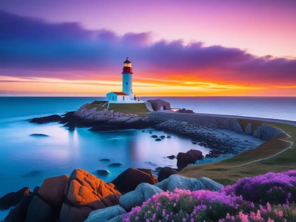 Un atardecer vibrante en el faro de Punta del Este, con fotógrafos y filtros fotográficos en Uruguay