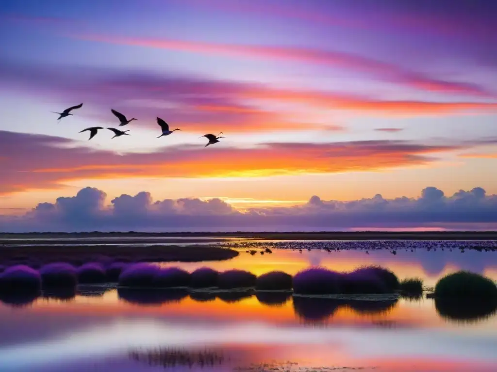 Un atardecer vibrante sobre humedal en Uruguay con aves en la historia natural