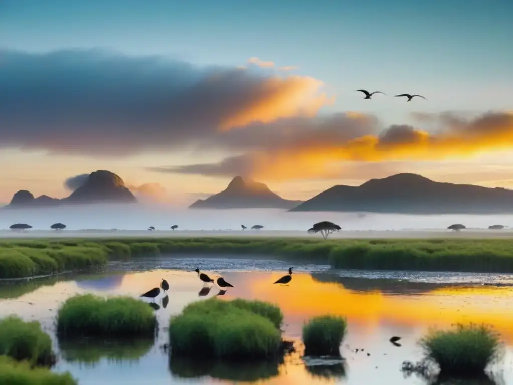 Un atardecer vibrante en humedales de Uruguay, con aves coloridas surcando el cielo