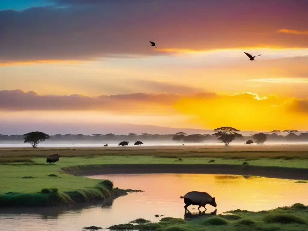 Un atardecer vibrante en los humedales de Uruguay, con una majestuosa carpincho pastando junto al agua y aves coloridas en vuelo