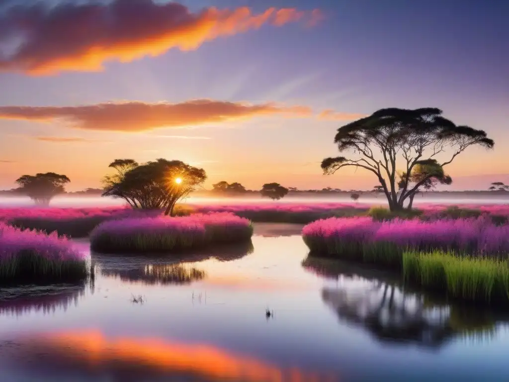 Un atardecer vibrante sobre humedales uruguayos, con aves en vuelo, reflejos en el agua y una paleta de colores hipnótica