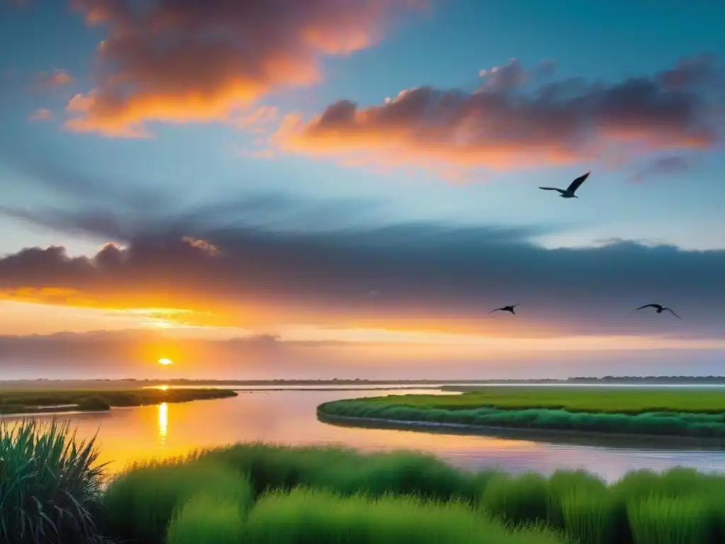 Un atardecer vibrante sobre humedales uruguayos con aves en vuelo