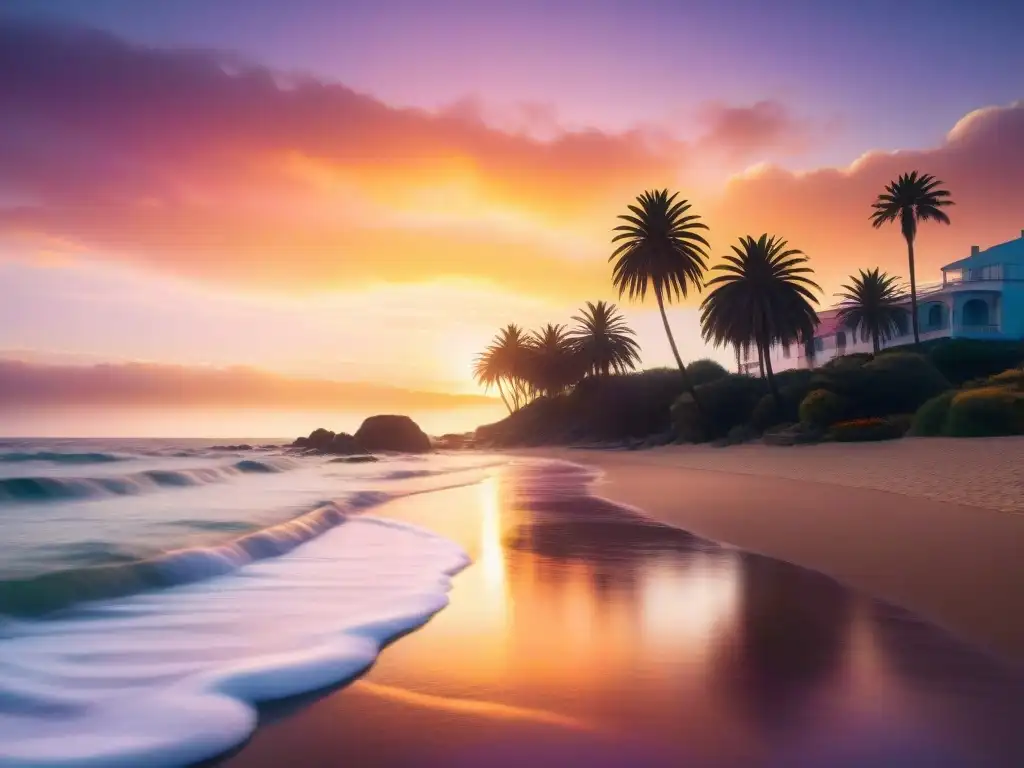 Un atardecer vibrante sobre la icónica Playa de Piriápolis en Uruguay, reflejando la belleza natural de este destino turístico