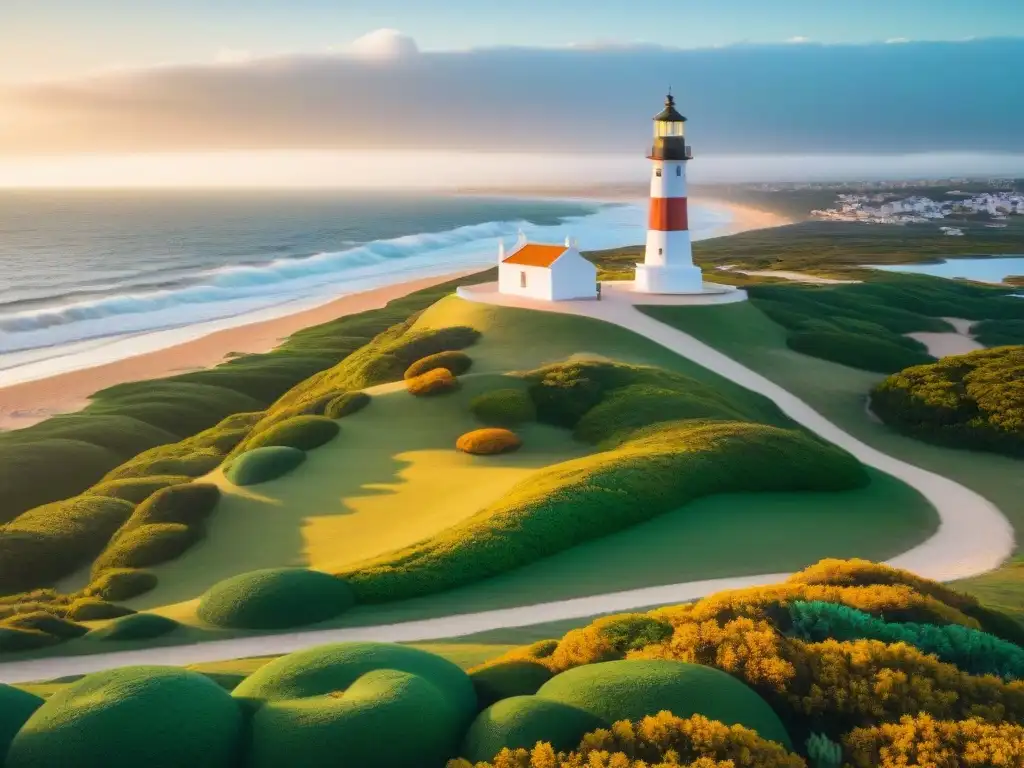 Un atardecer vibrante ilumina el icónico faro de Punta del Este y la playa llena de sombrillas coloridas