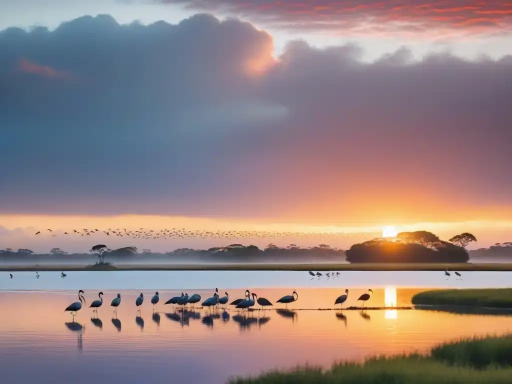 Un atardecer vibrante en Laguna Garzón, Uruguay, con aves silueteadas en el cielo colorido y aguas tranquilas reflejando el sol