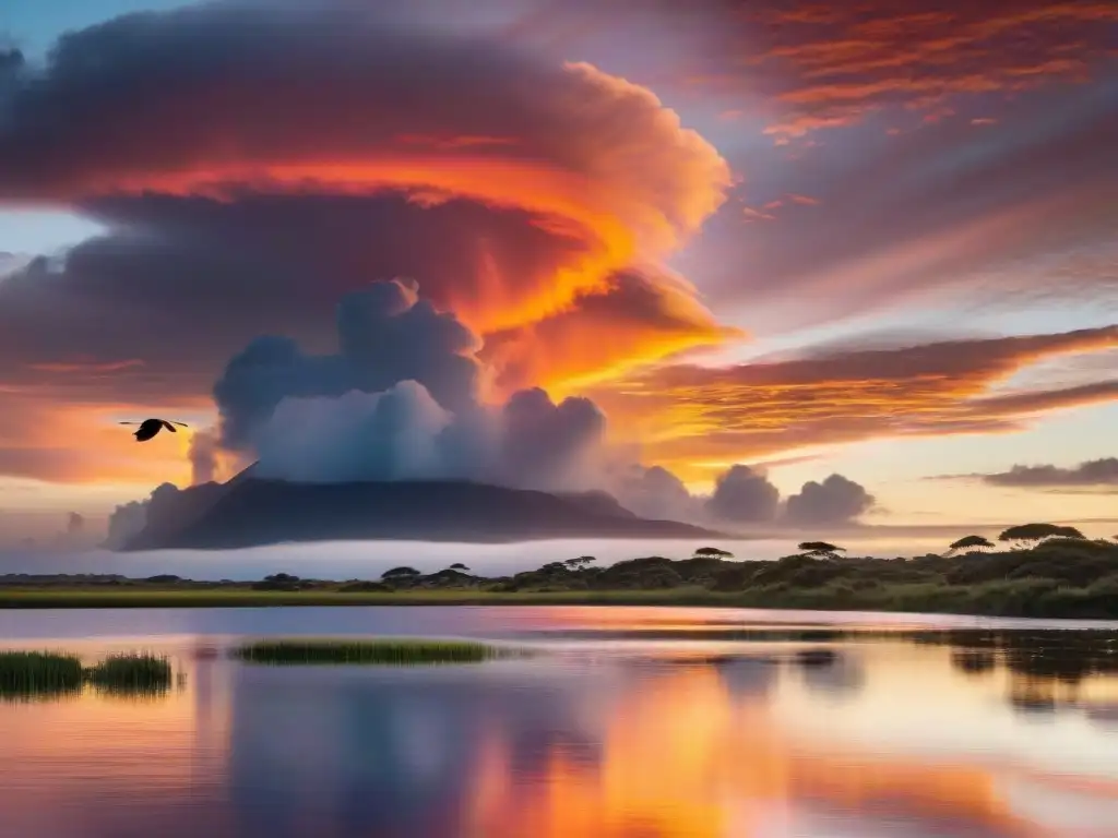 Un atardecer vibrante sobre Laguna Garzón en Uruguay, con aves nativas reflejadas en el agua