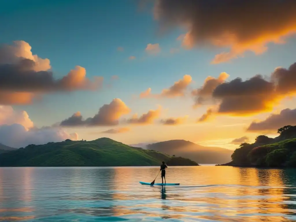 Un atardecer vibrante sobre Laguna Garzón, con una cálida luz dorada en el agua, una silueta haciendo paddleboarding en la distancia, rodeada de exuberante vegetación y aves coloridas