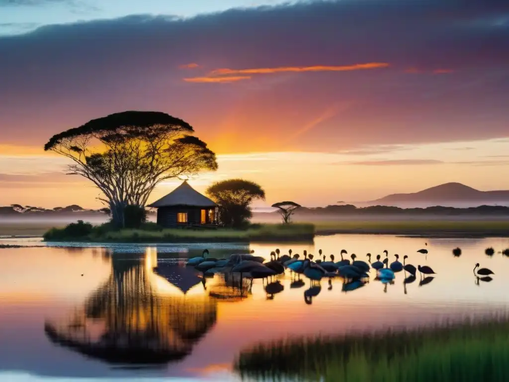 Atardecer vibrante en Laguna Garzón, Uruguay, con fauna local