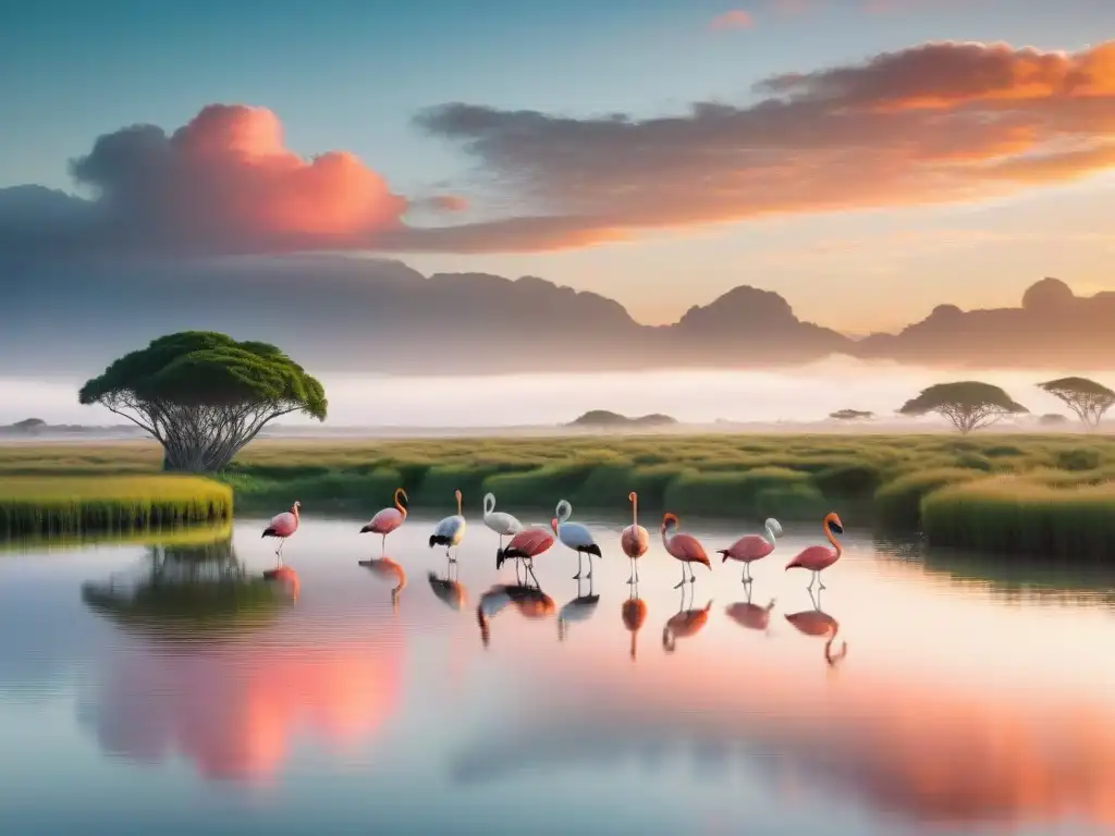 Un atardecer vibrante en Laguna Garzón, Uruguay, con flamencos volando