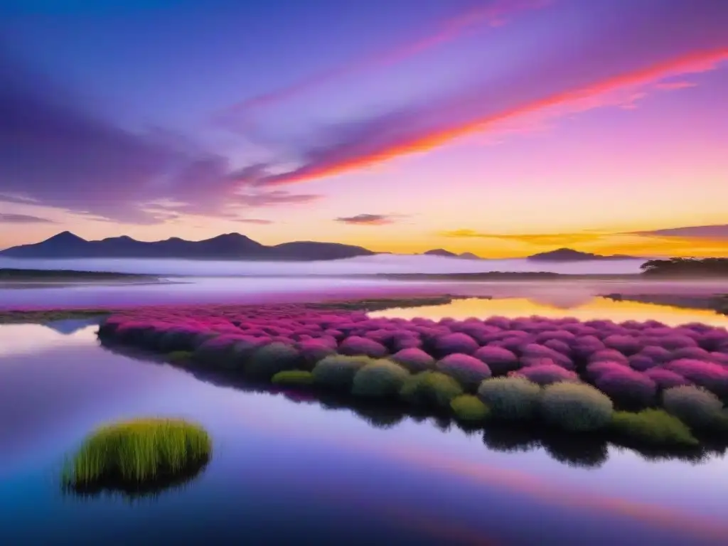 Atardecer vibrante en Laguna Garzón, Uruguay, resaltando la importancia de la conservación de áreas protegidas en Uruguay