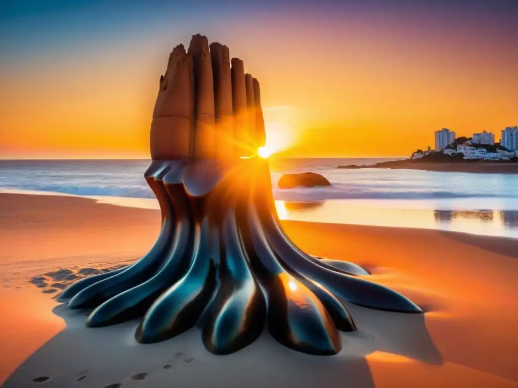 Un atardecer vibrante sobre la icónica escultura La Mano en Punta del Este, Uruguay