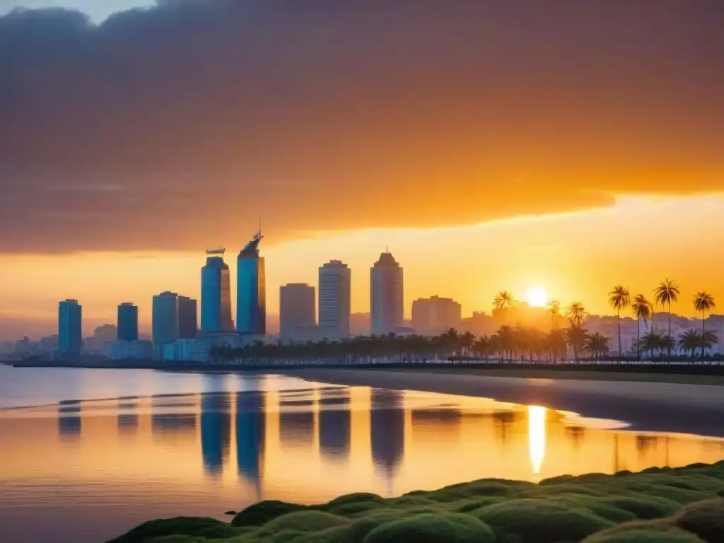 Un atardecer vibrante en Montevideo, con palmeras, el sol y reflejos dorados en el Río de la Plata