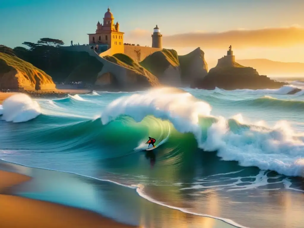 Un atardecer vibrante en La Pedrera, Uruguay, con surf para mujeres en coloridos trajes surfeando olas