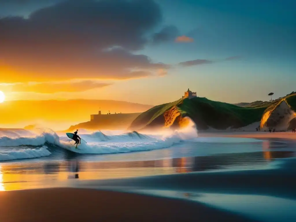 Un atardecer vibrante en la playa La Pedrera, con surfistas deslizándose en las olas