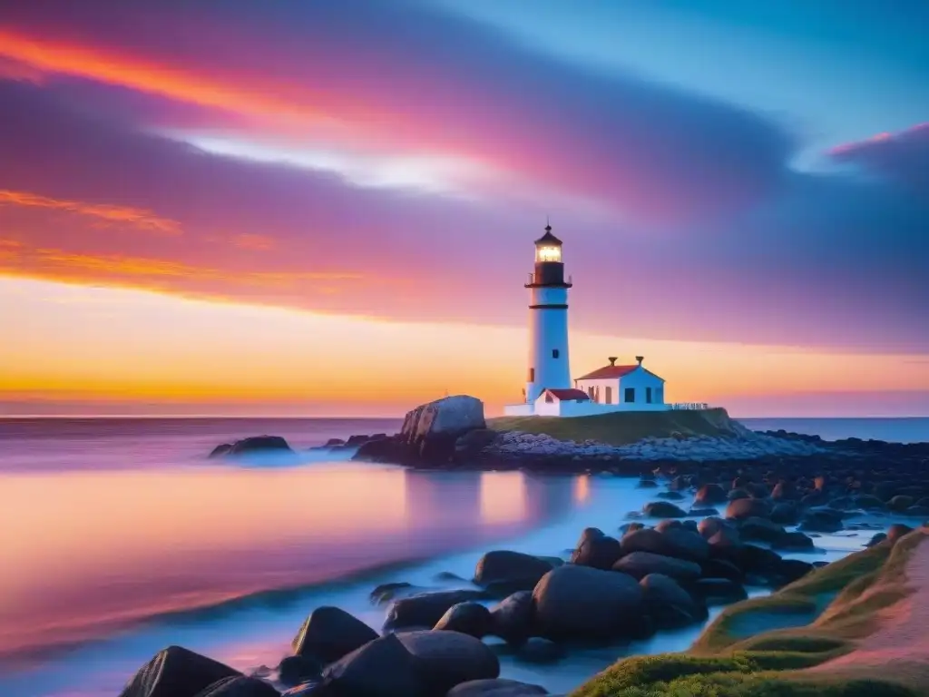 Atardecer vibrante en Punta del Este con el icónico faro, reflejado en el mar