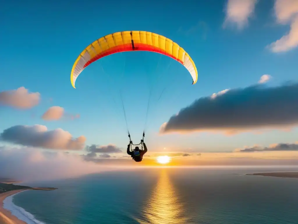 Un atardecer vibrante en Punta del Este, Uruguay, con un parapentista surcando el cielo