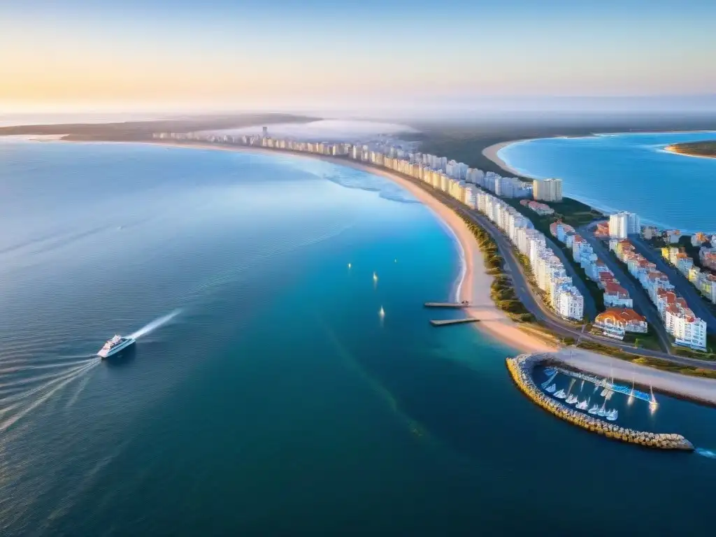 Un atardecer vibrante en Punta del Este, Uruguay, con yates, turistas y parasailing, reflejando el turismo en Uruguay a través de videojuegos