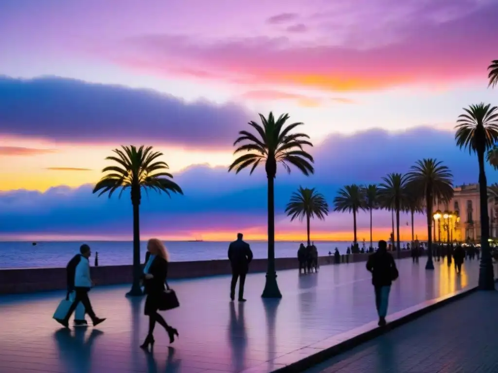 Un atardecer vibrante en la Rambla de Montevideo con tonos naranjas, rosados y morados en el cielo, reflejándose en el Río de la Plata