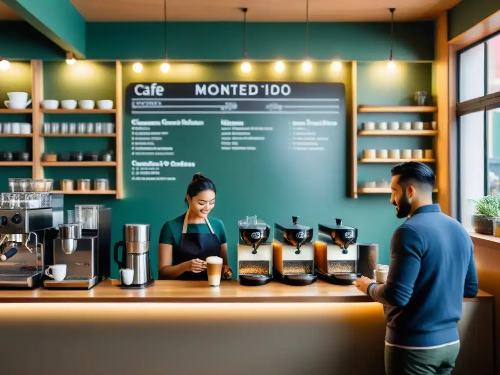 Atmósfera acogedora en un café de Montevideo con baristas expertos preparando arte latte