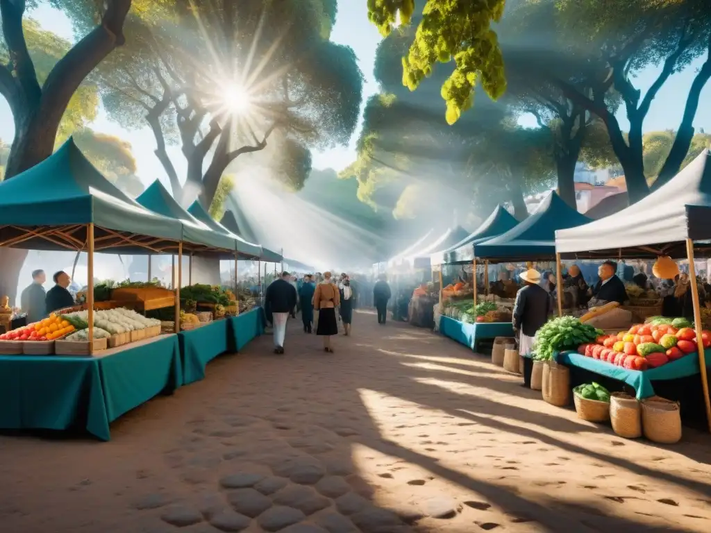 Atmósfera festiva en feria vecinal tradicional uruguaya: coloridos puestos, productos locales y diversidad cultural