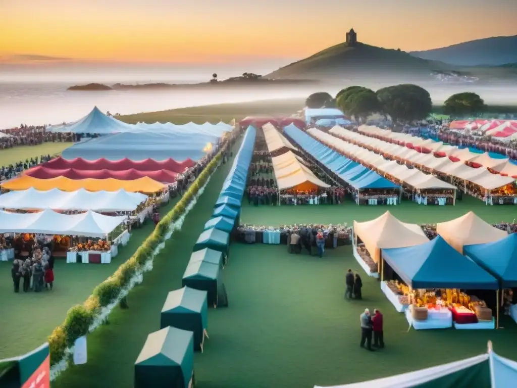 Atmósfera vibrante de ferias de vino en Uruguay: carpas, gente disfrutando vino y puesta de sol